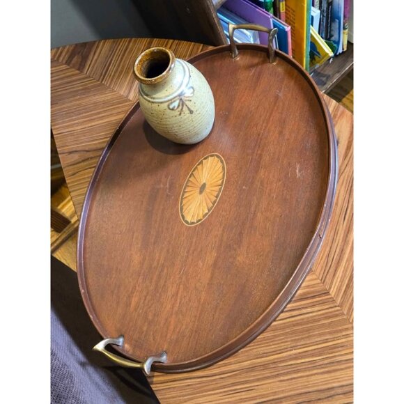 Handmade Vintage Marquetry Inlaid Wood Tea Tray with Brass Handles - Picture 2 of 10